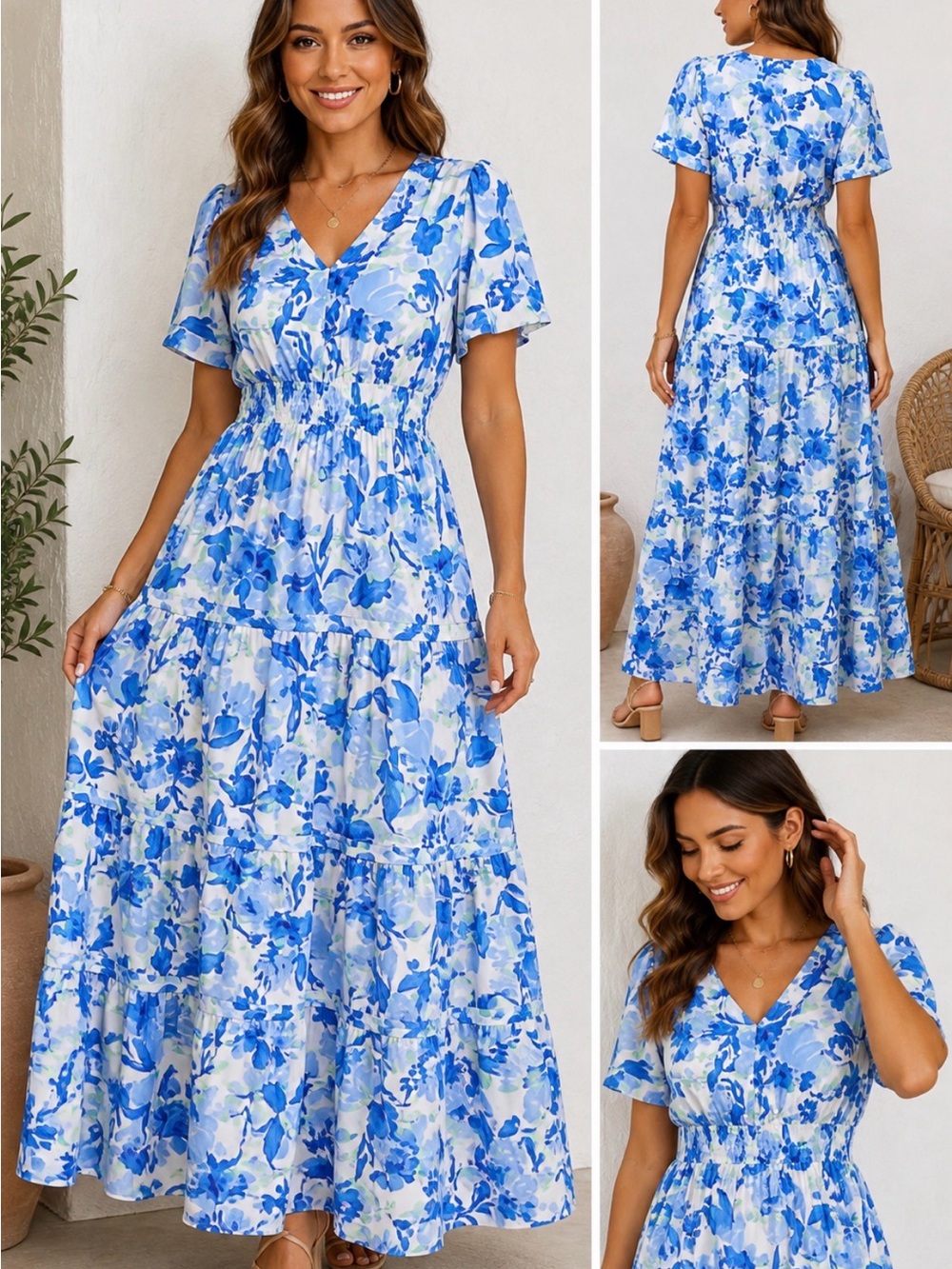 PRETTYGARDEN Blue Floral Tiered Maxi Dress Size L NWT